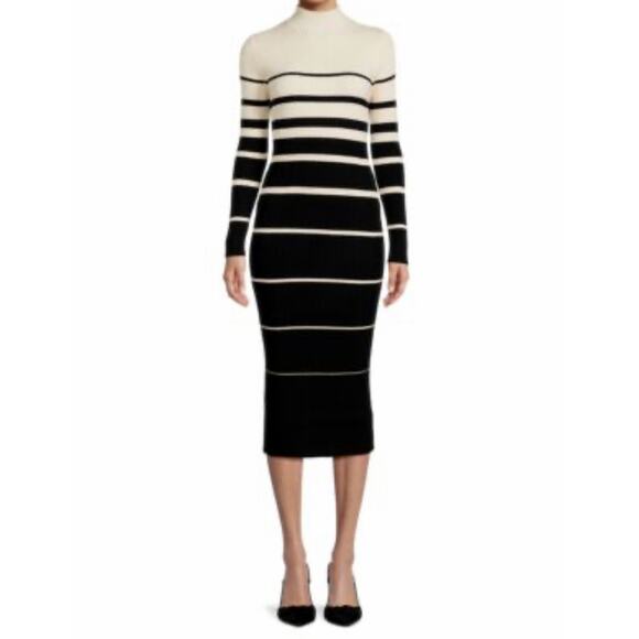 STITCHDROP Dresses & Skirts - Stitchdrop Ribbed Black Cream Striped Mock Neck Midi Sweater Dress